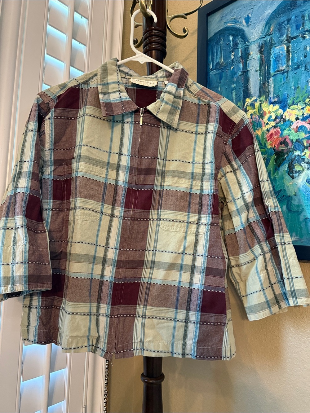 Plaid Zip Shirt Jacket in Cream & Burgundy